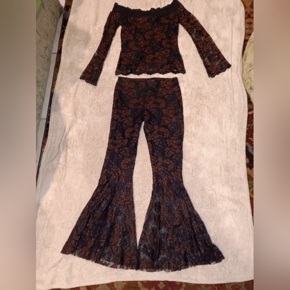 Vintage Casadei Set  Black and Brown Lace Off-Shoulder Top and Flared Pants Sz S
